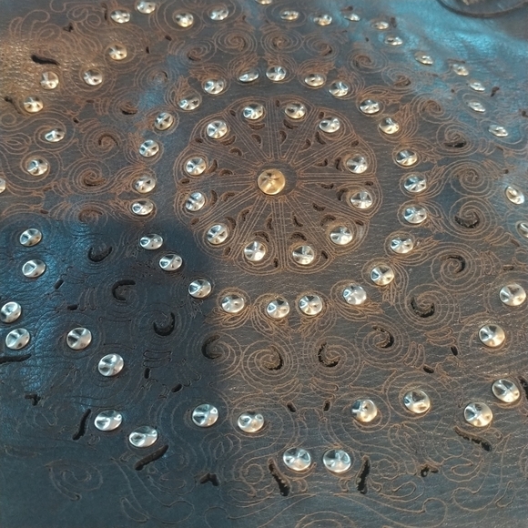 Platania Studded Lazer Cut Black Italian Leather Satchel with Swirl Design - Picture 5 of 14